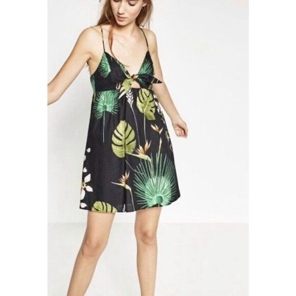 Zara Black Floral Exotic Leaf Print Sundress Spaghettini Strap Vacation Size S - Picture 1 of 6